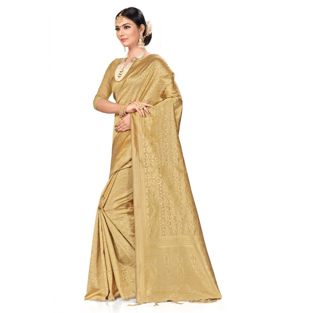 Generic Women's Banarasi Silk Saree (Cream, 5-6mtrs) - Image 3