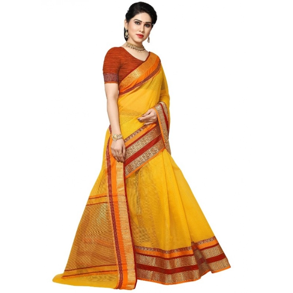 Generic Women's Kota Doria Cotton Border Saree With Blouse (Yellow, 5-6 Mtrs) - Image 4