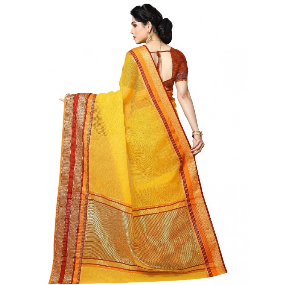 Generic Women's Kota Doria Cotton Border Saree With Blouse (Yellow, 5-6 Mtrs) - Image 3