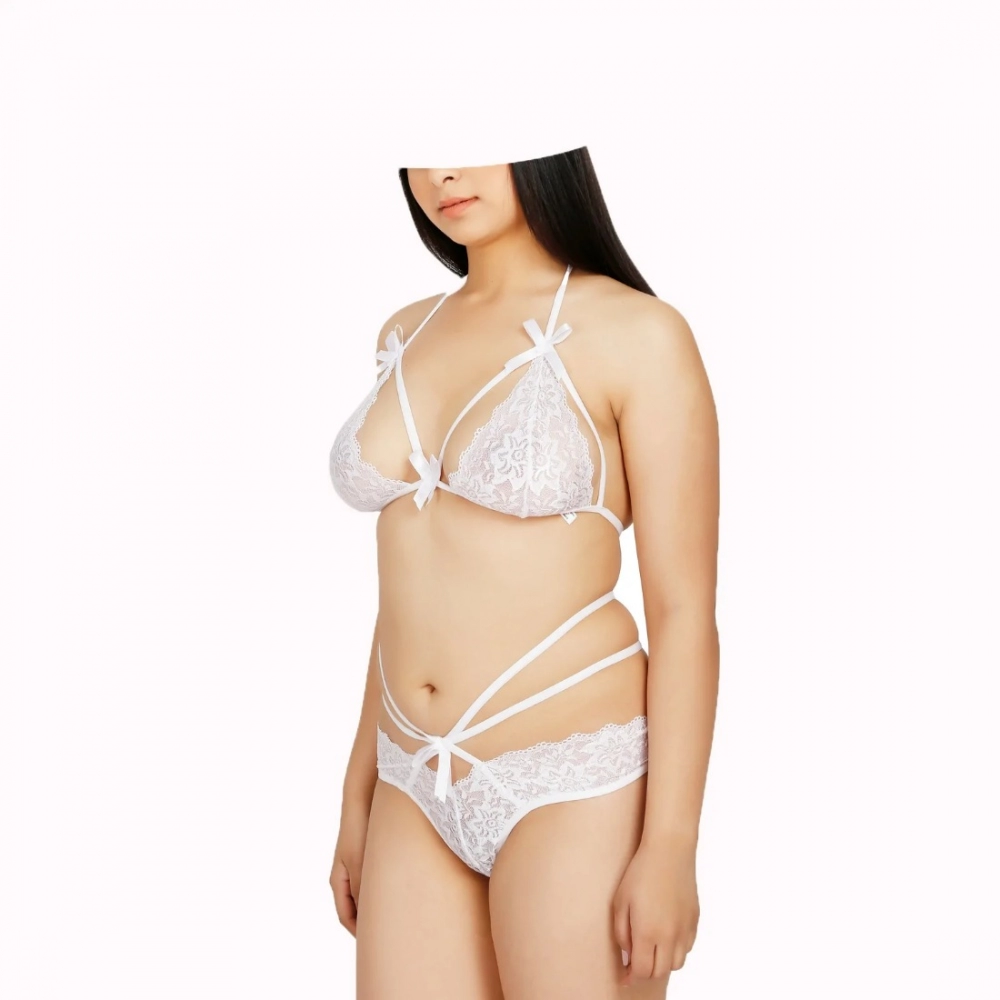 Generic Women's Lace Solid Sheer Lace Lingerie Set (White) - Image 2