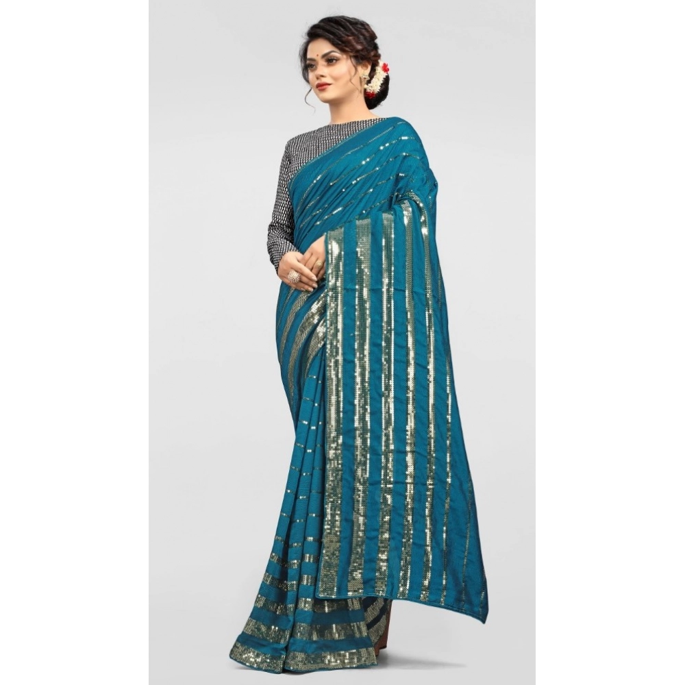 Generic Women's Vichitra Saree with Blouse (Rama, 5-6 Mtrs) - Image 3