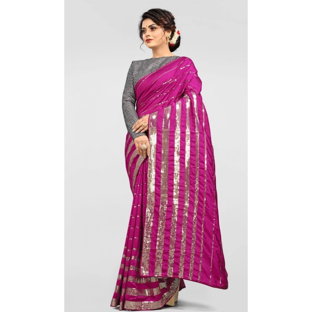 Generic Women's Vichitra Saree with Blouse (Pink, 5-6 Mtrs) - Image 3