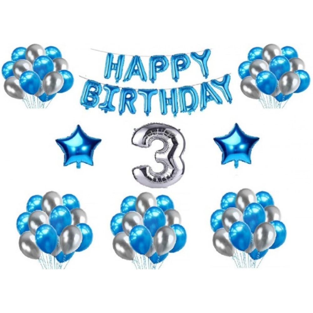 Generic 3Rd Happy Birthday Decoration Combo With Foil And Star Balloons (Blue, Silver)