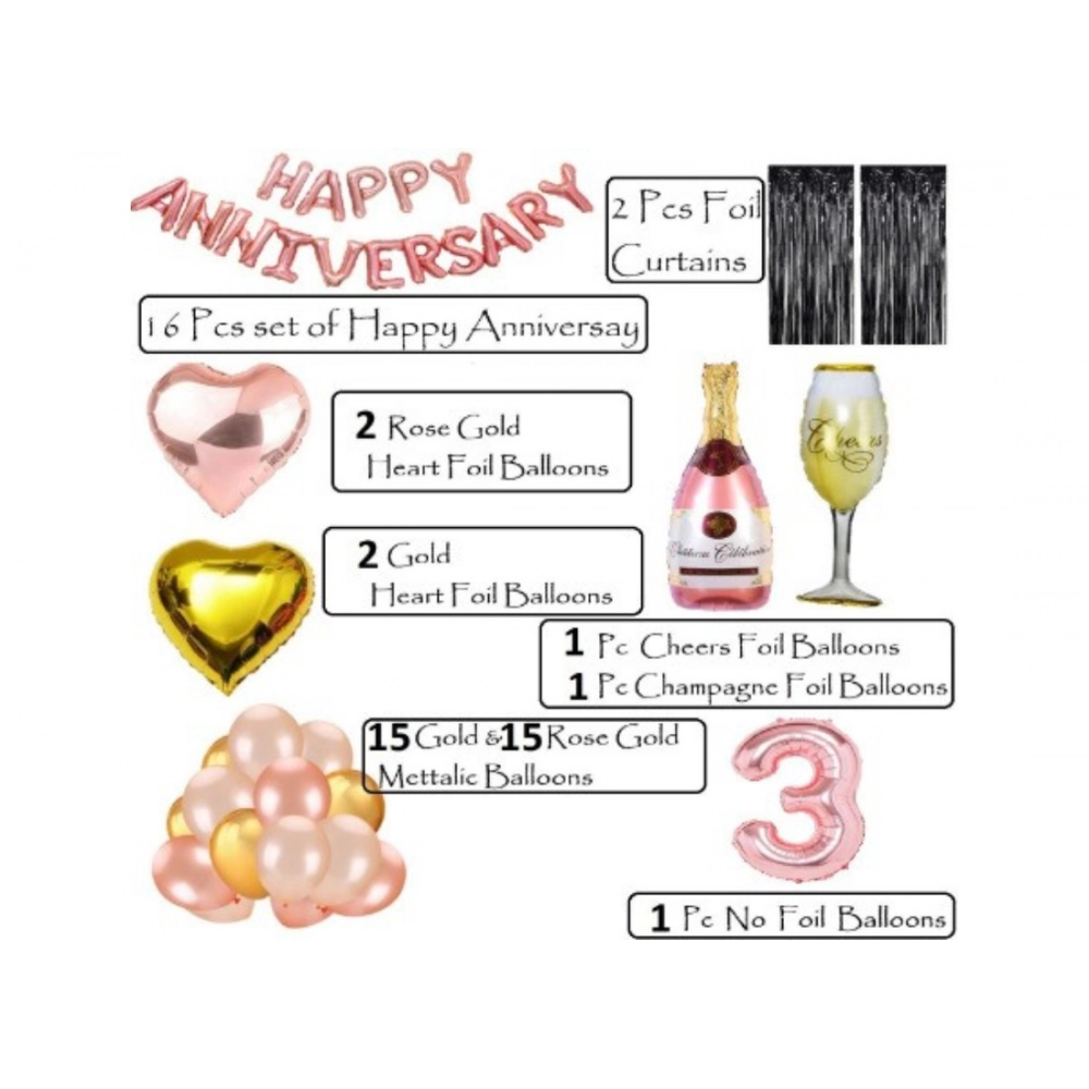 Generic 3Rd Anniversary Rose Gold Foil Balloons With Happy Decoration Items Set (Rose Gold) - Image 2