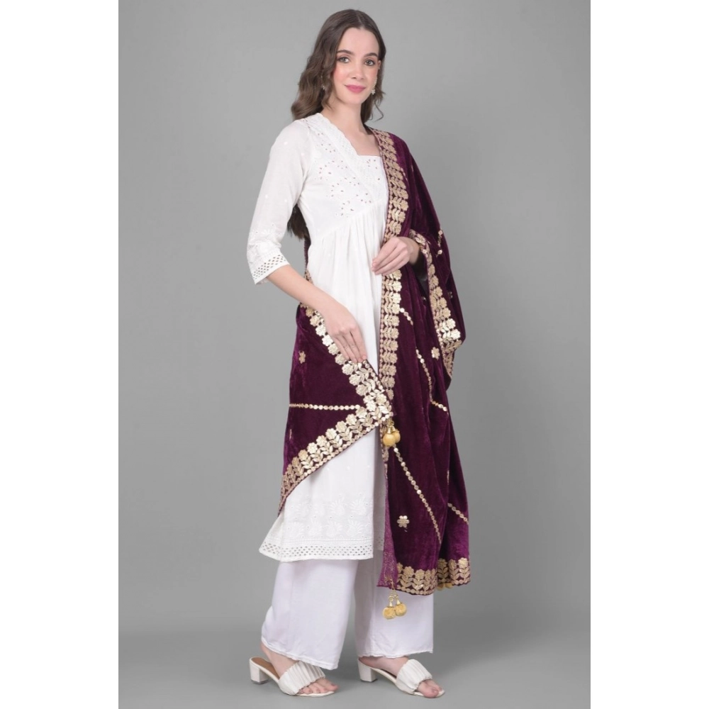 Generic Women's Velvet Gotta Patti Dupatta (Wine, Length: 2.25 to 2.50 Mtr) - Image 2