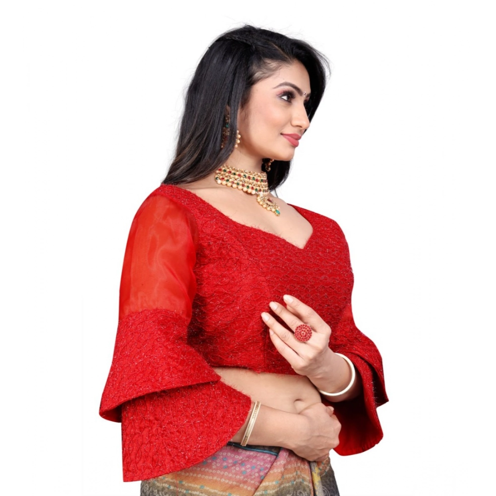 Generic Women's Organza Embroidery Readymade Blouse (Red, Size: Free Size) - Image 2
