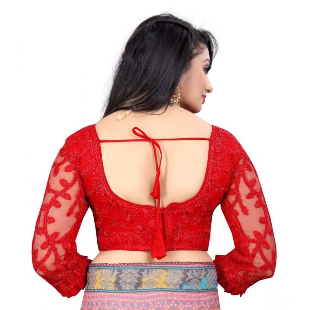 Generic Women's Nylon Net Embroidery Readymade Blouse (Red, Size: Free Size) - Image 3