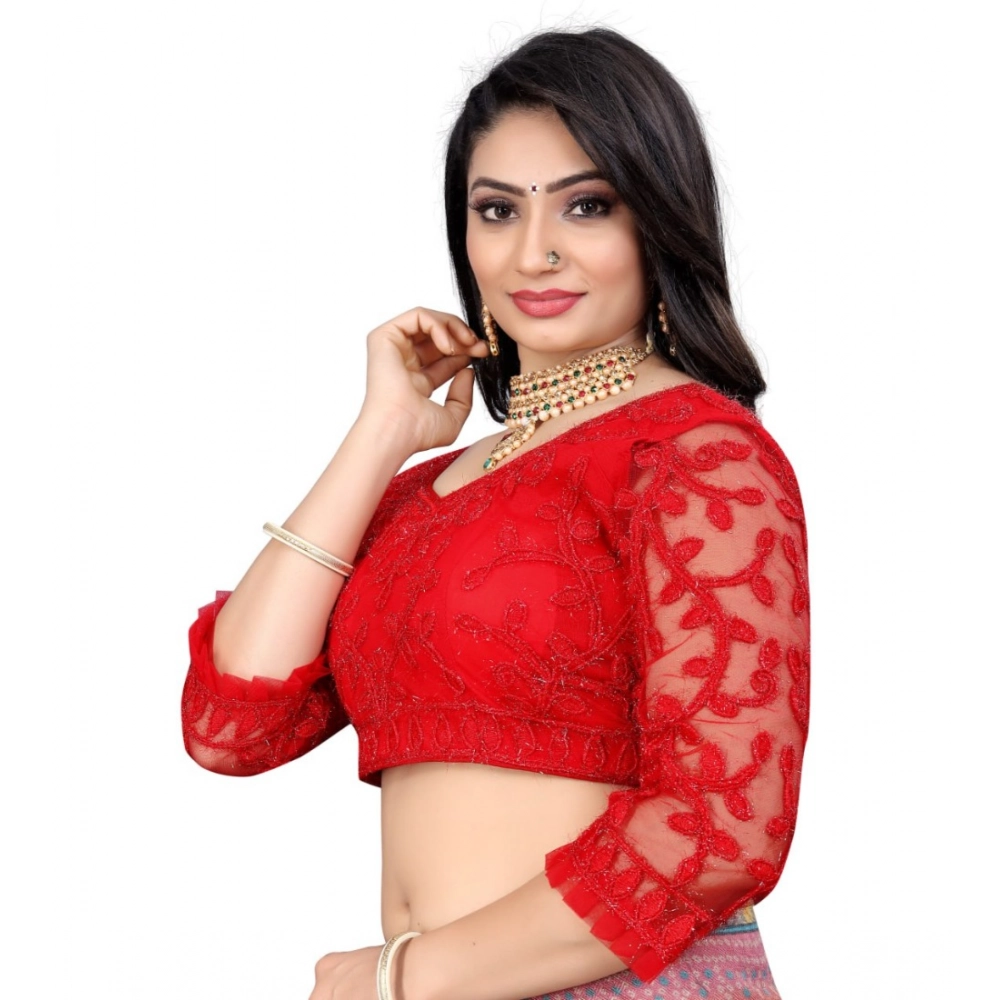 Generic Women's Nylon Net Embroidery Readymade Blouse (Red, Size: Free Size) - Image 2