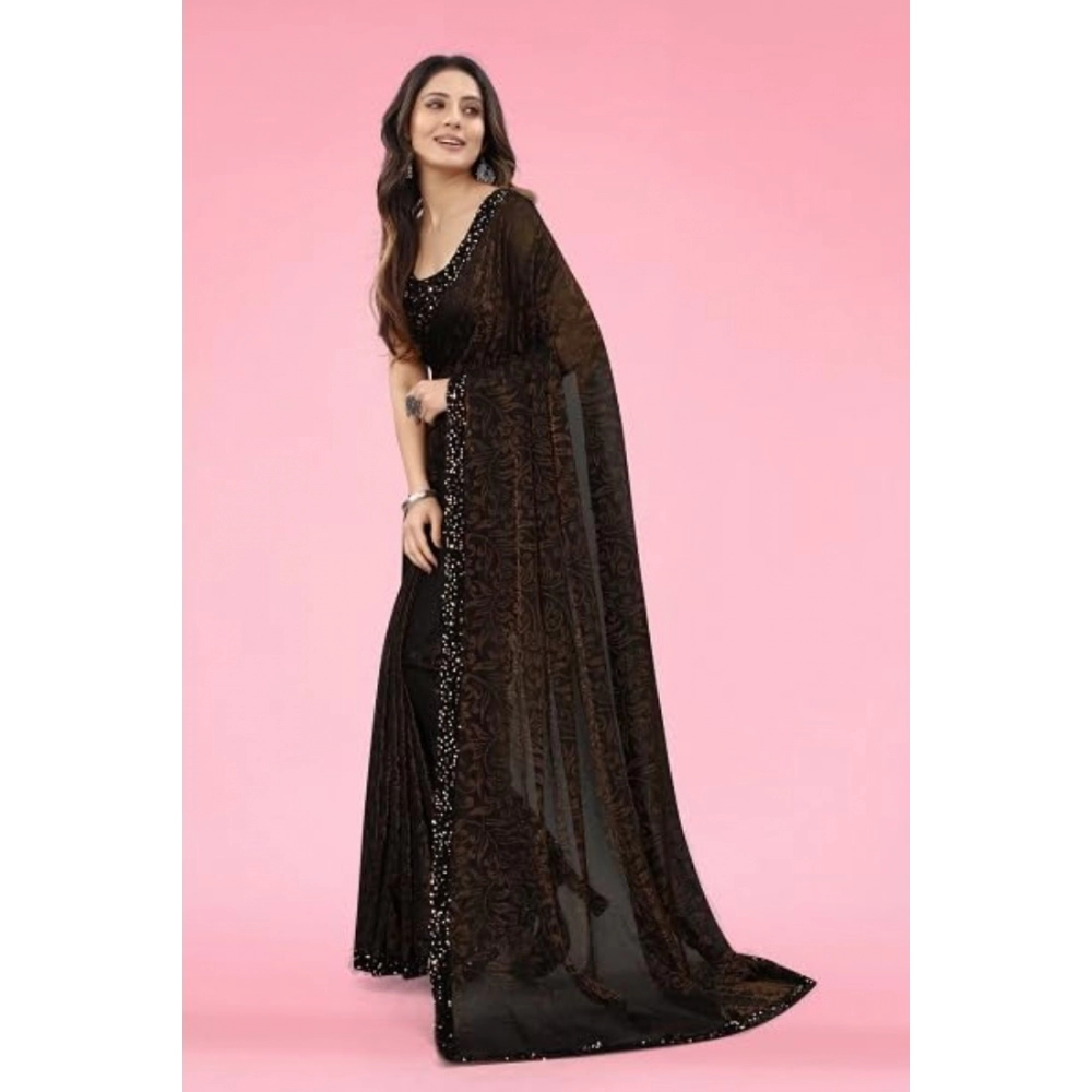 Generic Women's Lycra Floral Saree With Unstitched Blouse (Brown, 5.5 Mtr) - Image 4