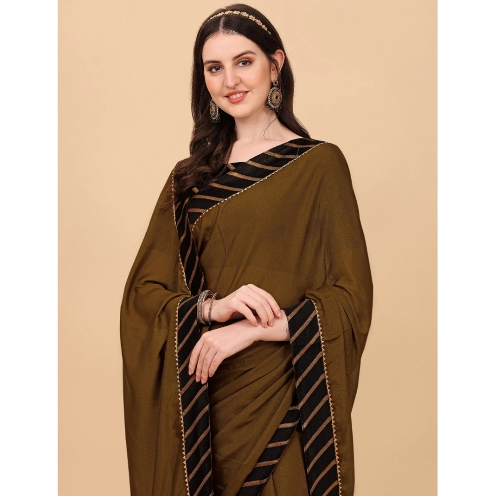 Generic Women's Chiffon Self Design Saree With Unstitched Blouse 5.5Mtr (Brown) - Image 4