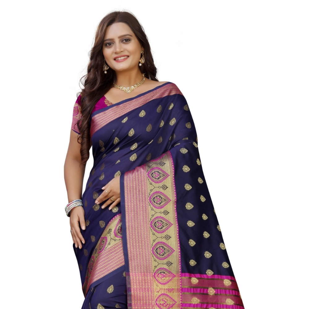 Generic Women's Silk Blend Woven Saree With Unstitched Blouse 5.5Mtr (Dark Blue-Pink) - Image 2