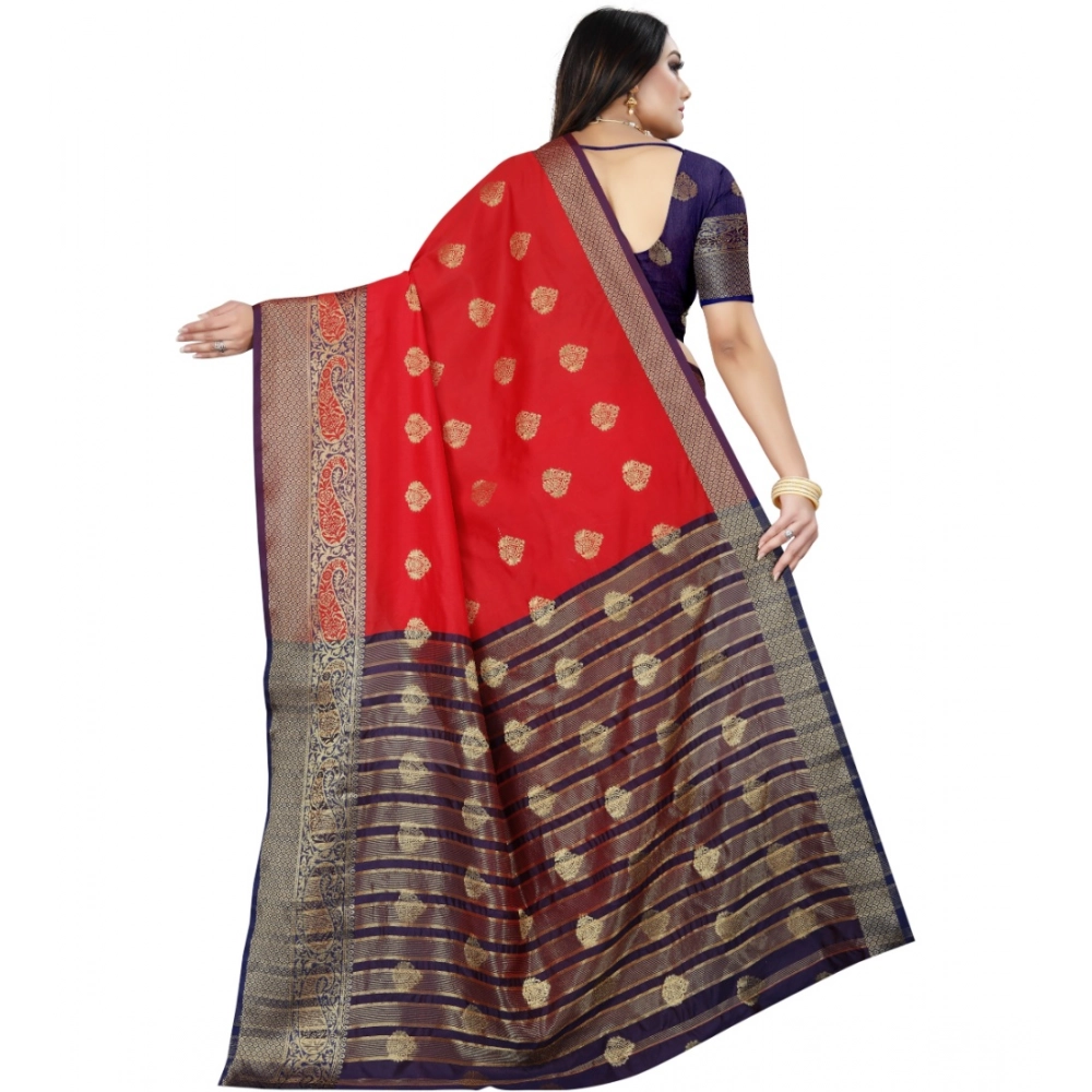 Generic Women's Silk Blend Woven Saree With Unstitched Blouse 5.5Mtr (Purple-Red) - Image 4