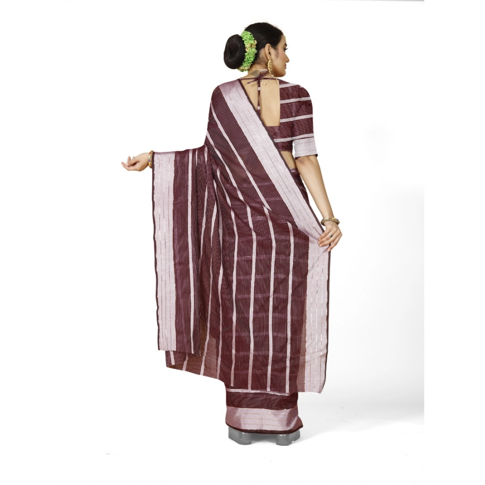 Generic Women's Cotton Silk Striped Saree With Unstitched Blouse 5.5Mtr (Maroon) - Image 4