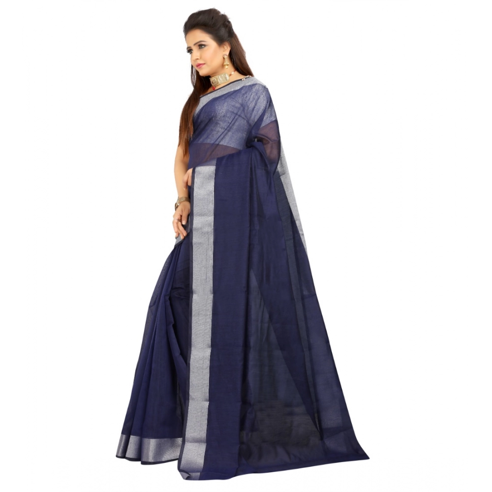 Generic Women's Cotton Silk Self Design Saree With Unstitched Blouse 5.5Mtr (Blue) - Image 2