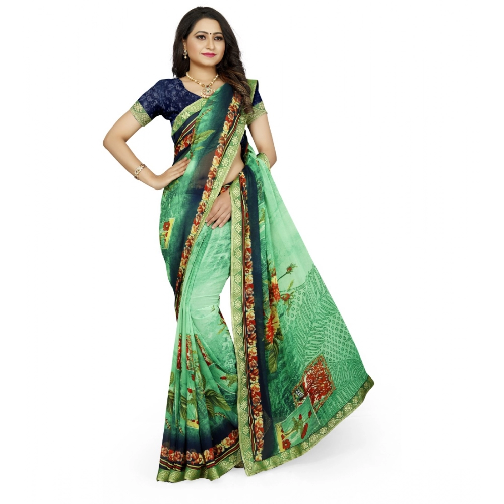 Generic Women's Georgette Floral Print Saree With Unstitched Blouse 5.5Mtr (Green) - Image 4