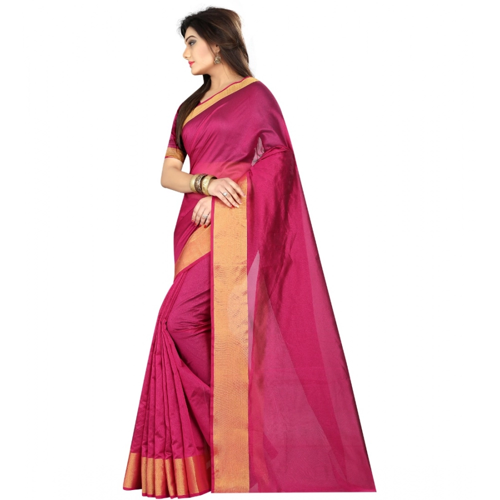 Generic Women's Cotton Silk Solid/Plain Saree With Unstitched Blouse 5.5Mtr (Pink) - Image 3