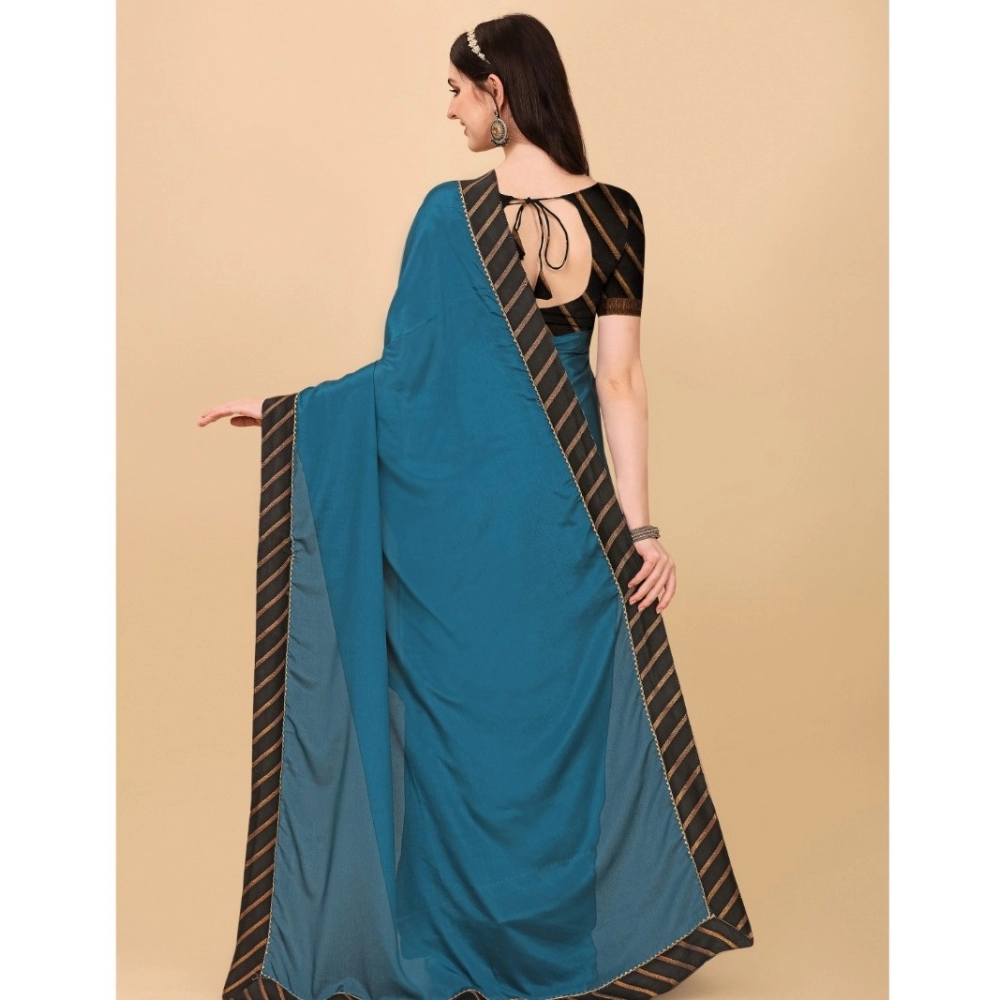 Generic Women's Chiffon Self Design Saree With Unstitched Blouse 5.5Mtr (Blue) - Image 3