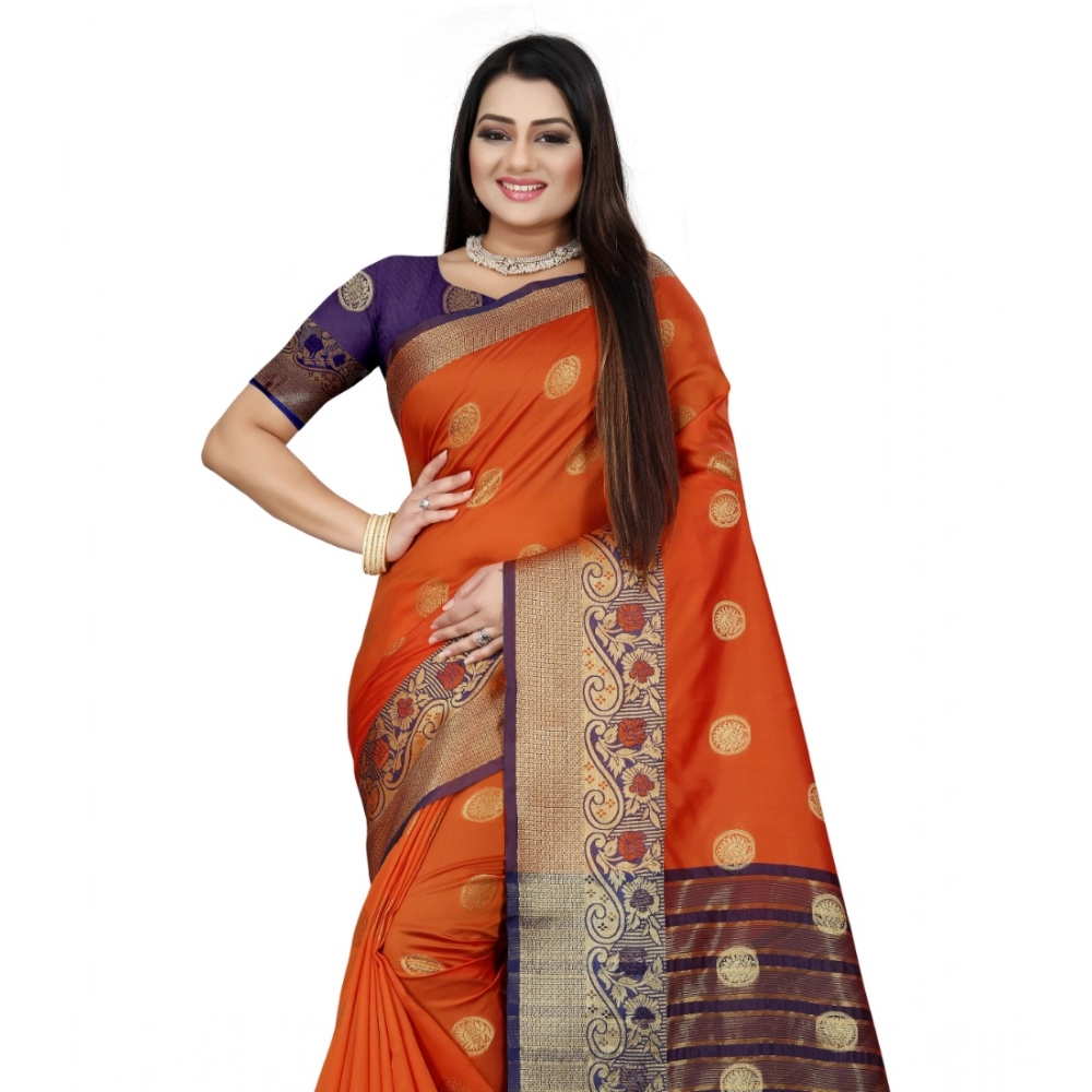 Generic Women's Silk Blend Woven Saree With Unstitched Blouse 5.5Mtr (Blue-Orange) - Image 2