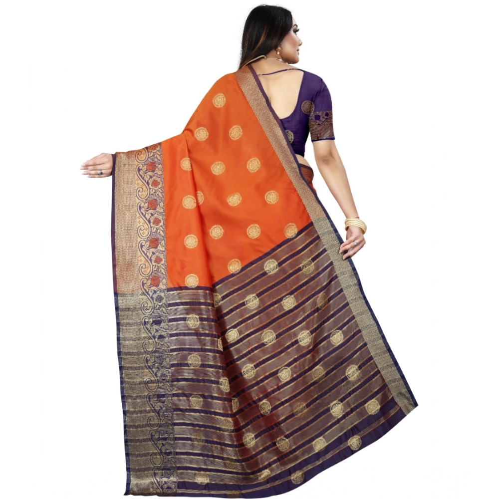 Generic Women's Silk Blend Woven Saree With Unstitched Blouse 5.5Mtr (Blue-Orange) - Image 4
