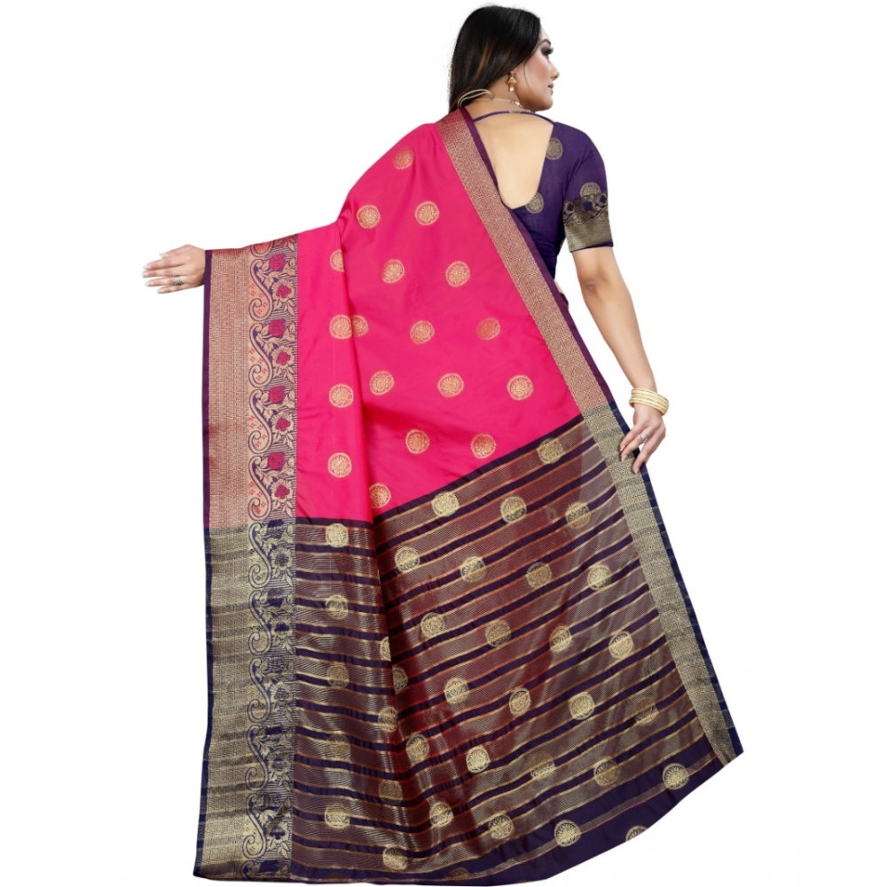Generic Women's Silk Blend Woven Saree With Unstitched Blouse 5.5Mtr (Blue-Pink) - Image 4