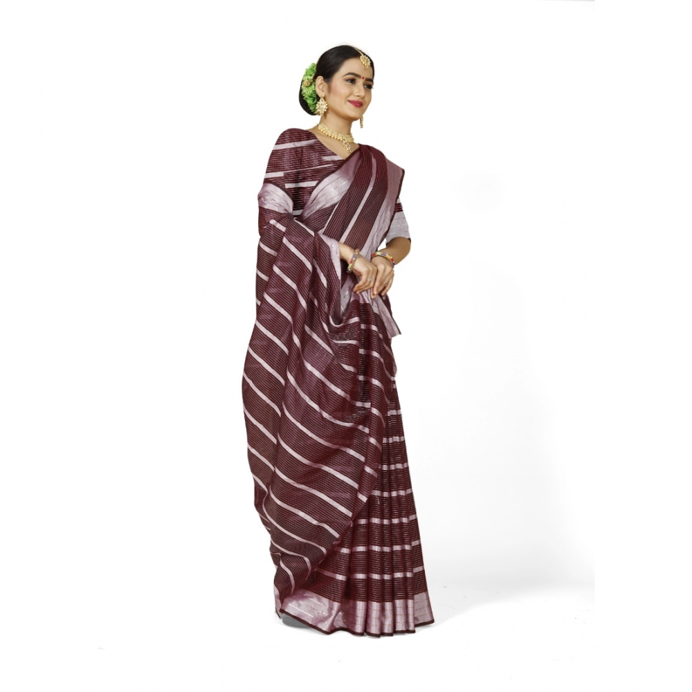 Generic Women's Cotton Silk Striped Saree With Unstitched Blouse 5.5Mtr (Maroon) - Image 2