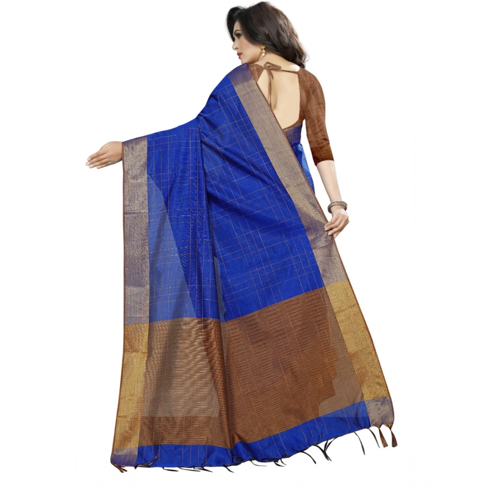 Generic Women's Cotton Silk Self Design Saree With Unstitched Blouse 5.5Mtr (Blue) - Image 3