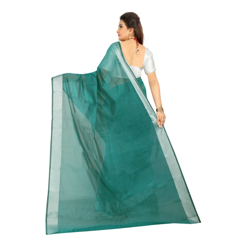 Generic Women's Cotton Silk Self Design Saree With Unstitched Blouse 5.5Mtr (Dark Green) - Image 4