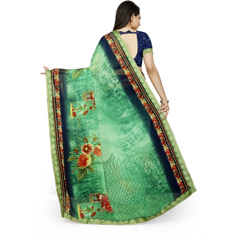 Generic Women's Georgette Floral Print Saree With Unstitched Blouse 5.5Mtr (Green) - Image 3