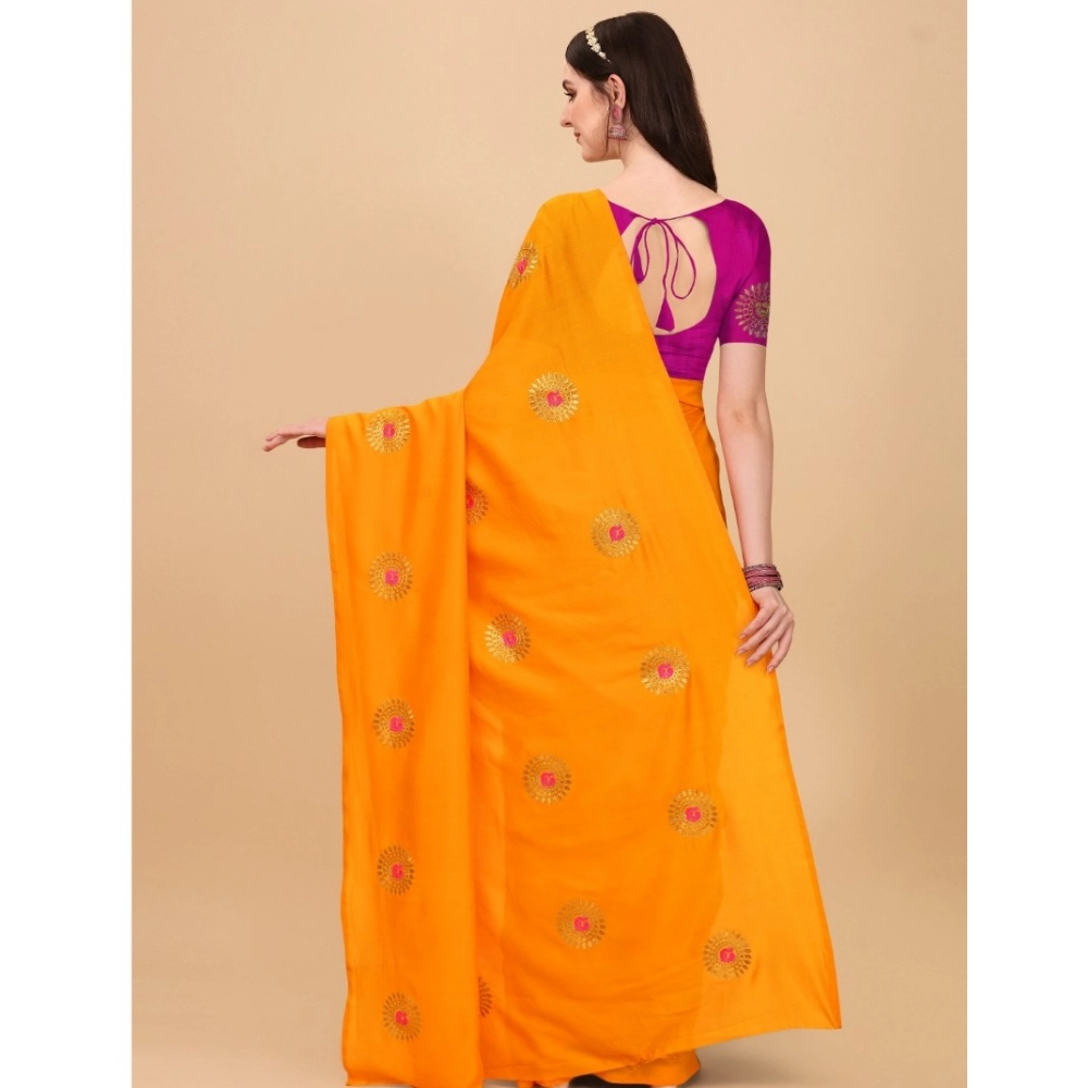 Generic Women's Silk Blend Embroidered Saree With Unstitched Blouse 5.5Mtr (Yellow) - Image 3