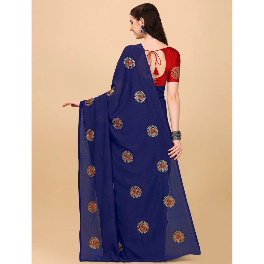 Generic Women's Silk Blend Embroidered Saree With Unstitched Blouse 5.5Mtr (Blue) - Image 3