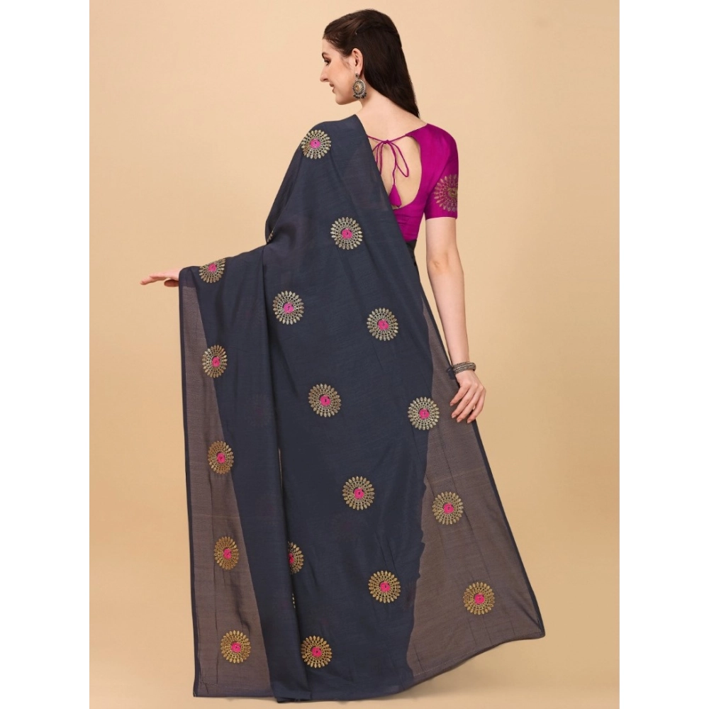 Generic Women's Silk Blend Embroidered Saree With Unstitched Blouse 5.5Mtr (Black) - Image 3