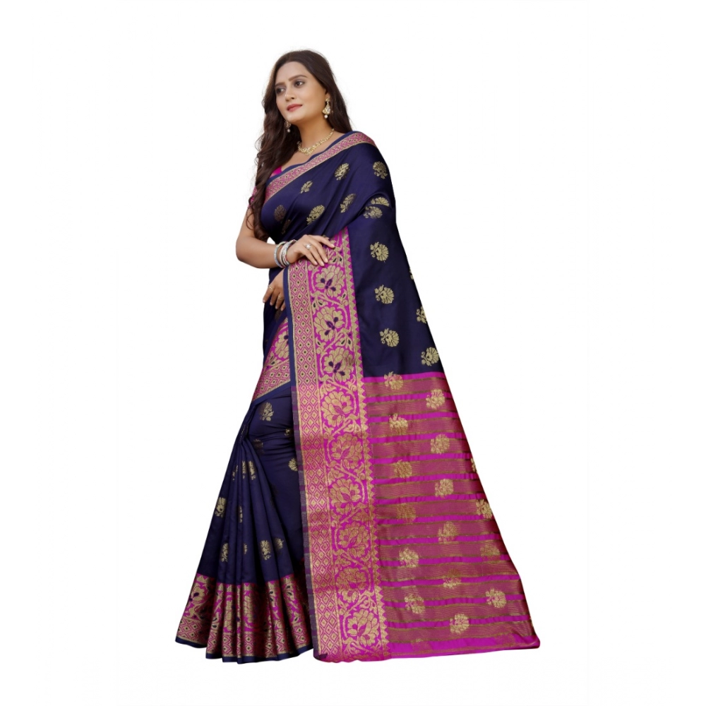 Generic Women's Silk Blend Woven Saree With Unstitched Blouse 5.5Mtr (Dark Blue-Pink) - Image 2