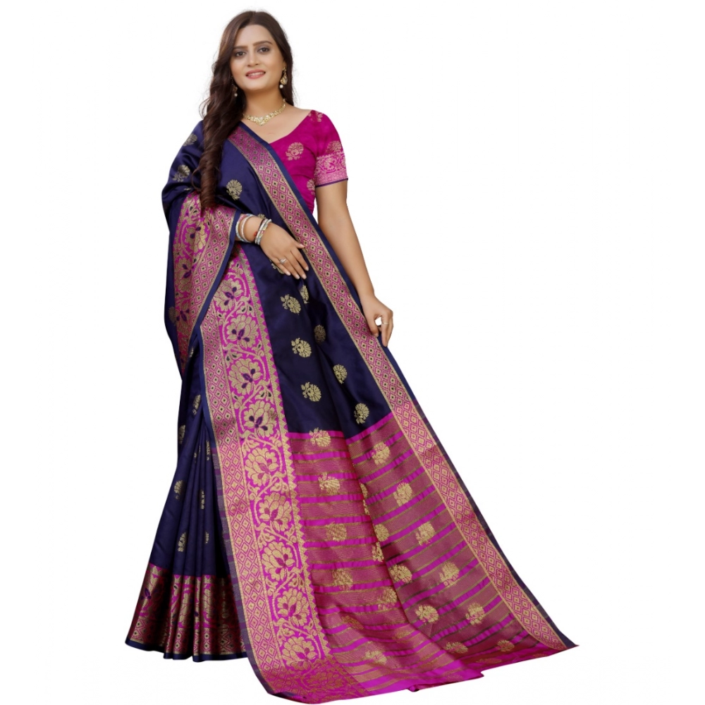 Generic Women's Silk Blend Woven Saree With Unstitched Blouse 5.5Mtr (Dark Blue-Pink) - Image 3