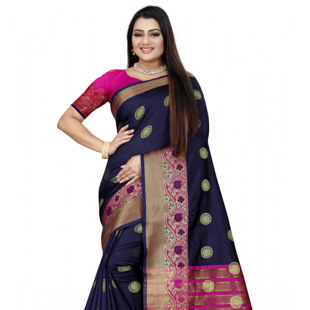 Generic Women's Silk Blend Woven Saree With Unstitched Blouse 5.5Mtr (Dark Blue-Pink) - Image 2