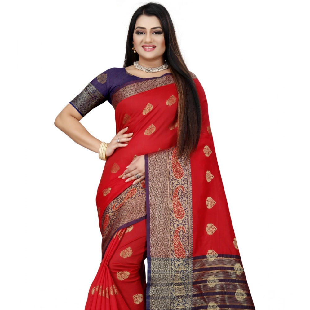 Generic Women's Silk Blend Woven Saree With Unstitched Blouse 5.5Mtr (Purple-Red) - Image 2