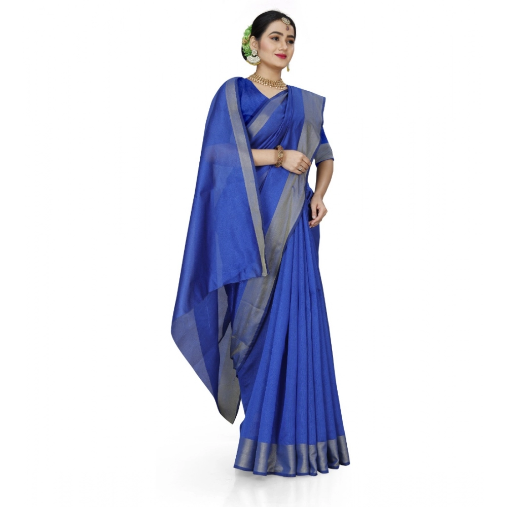 Generic Women's Cotton Silk Self Design Saree With Unstitched Blouse 5.5Mtr (Blue) - Image 3
