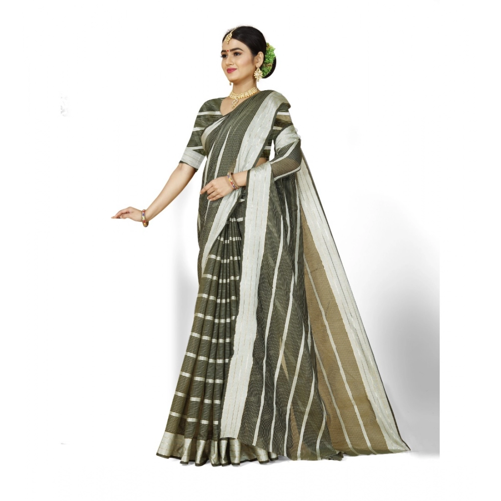 Generic Women's Cotton Silk Striped Saree With Unstitched Blouse 5.5Mtr (Green) - Image 3