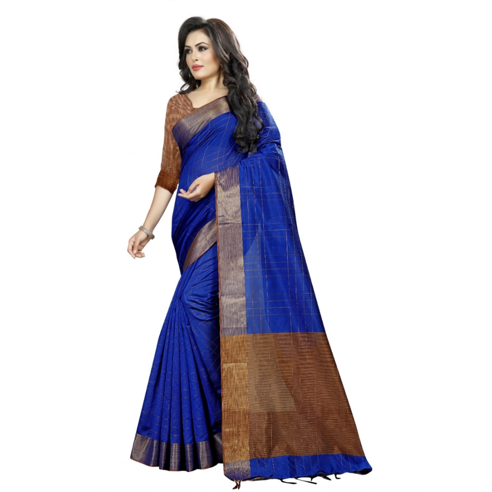 Generic Women's Cotton Silk Self Design Saree With Unstitched Blouse 5.5Mtr (Blue) - Image 4