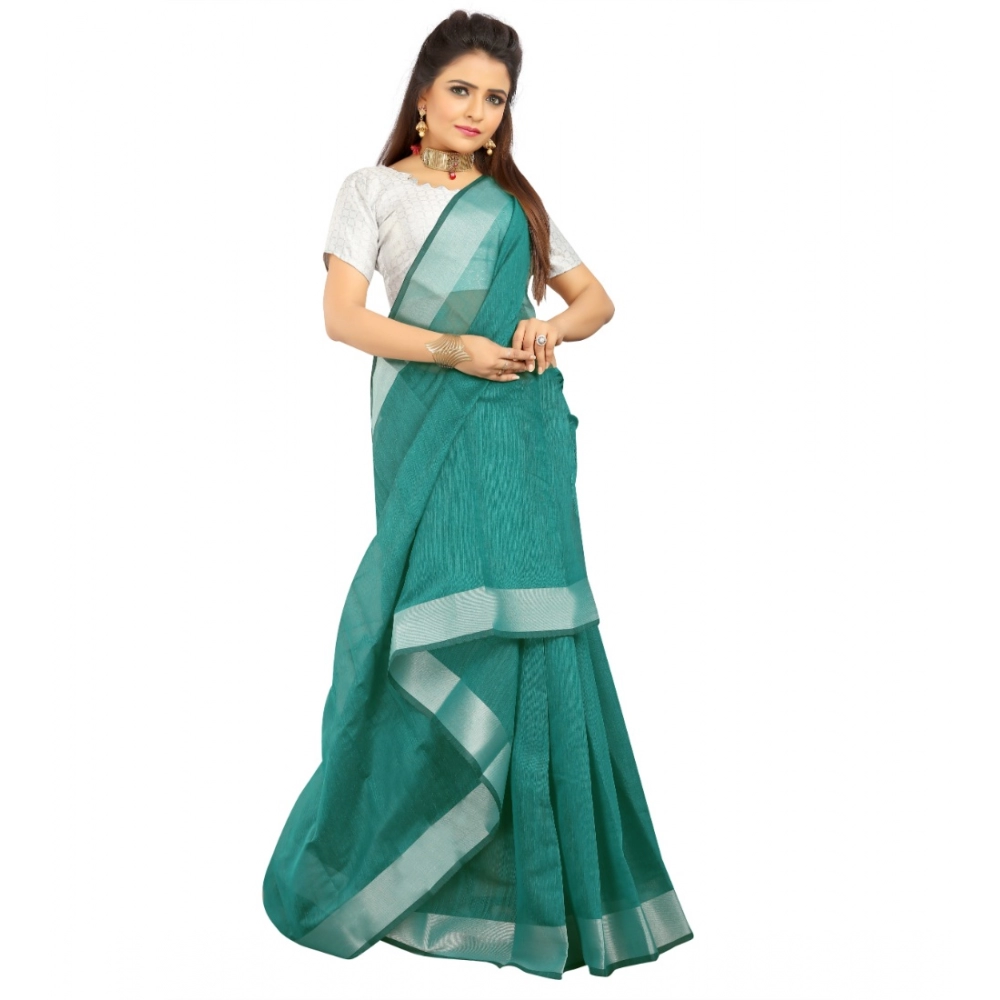 Generic Women's Cotton Silk Self Design Saree With Unstitched Blouse 5.5Mtr (Dark Green) - Image 3
