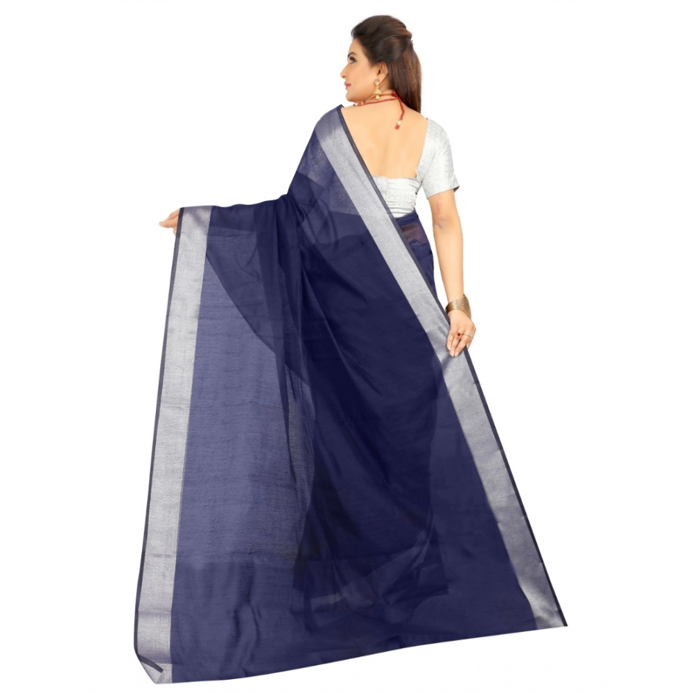 Generic Women's Cotton Silk Self Design Saree With Unstitched Blouse 5.5Mtr (Blue) - Image 4