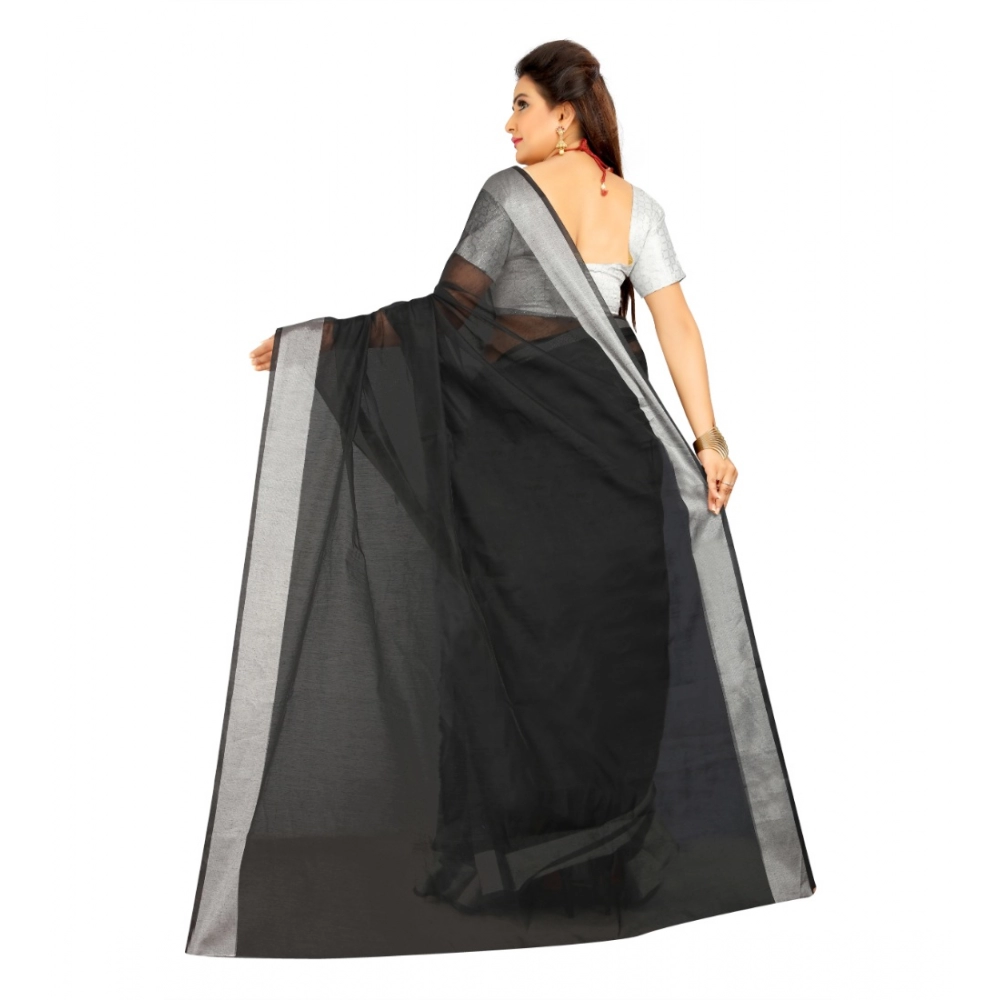 Generic Women's Cotton Silk Self Design Saree With Unstitched Blouse 5.5Mtr (Black) - Image 4