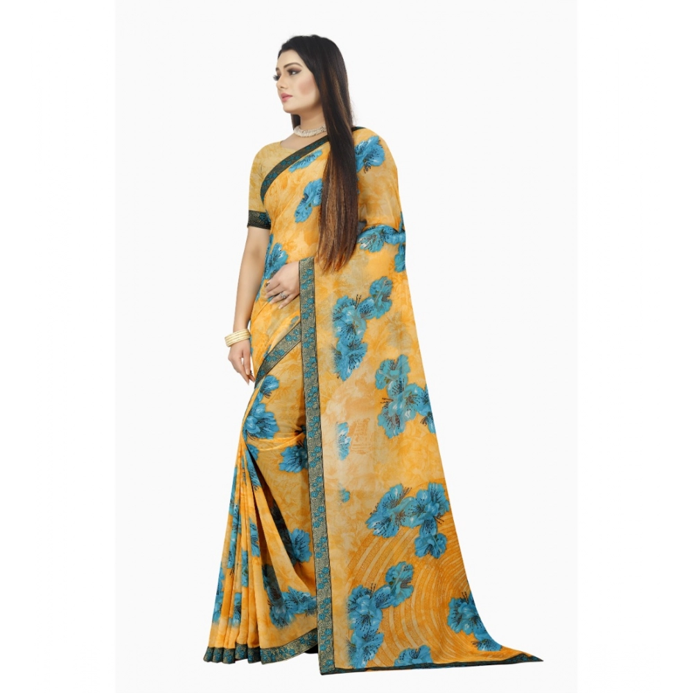Generic Women's Georgette Floral Print Saree With Unstitched Blouse 5.5Mtr (Blue-Orange) - Image 2