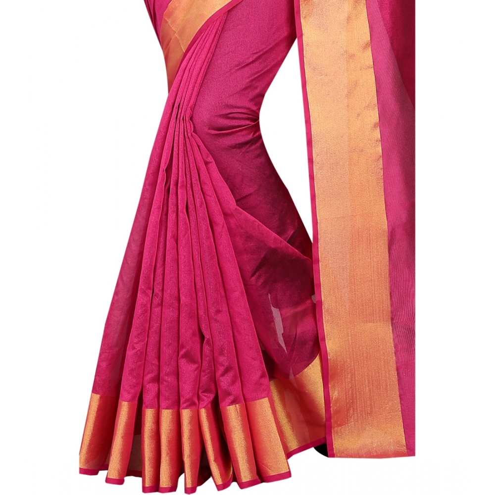 Generic Women's Cotton Silk Solid/Plain Saree With Unstitched Blouse 5.5Mtr (Pink) - Image 4