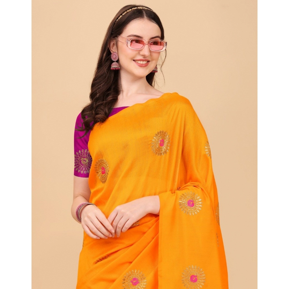 Generic Women's Silk Blend Embroidered Saree With Unstitched Blouse 5.5Mtr (Yellow) - Image 4