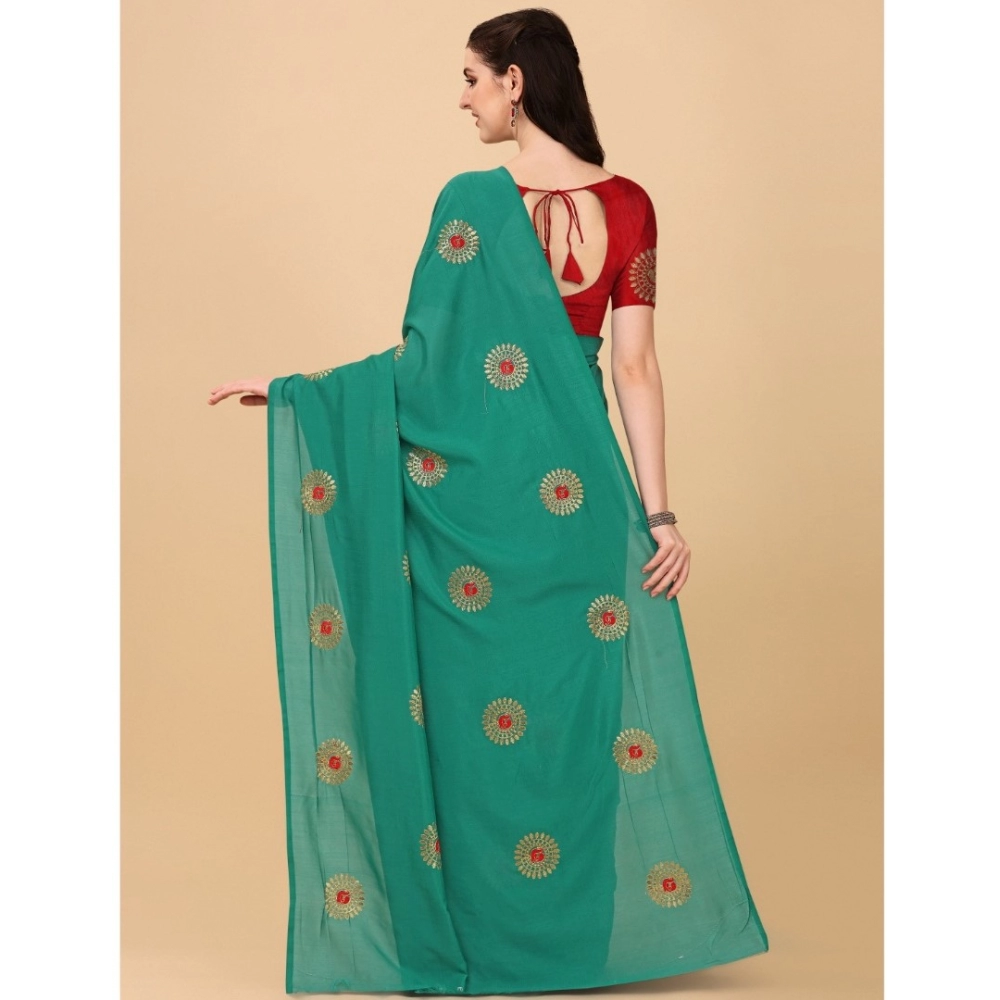 Generic Women's Silk Blend Embroidered Saree With Unstitched Blouse 5.5Mtr (Green) - Image 3
