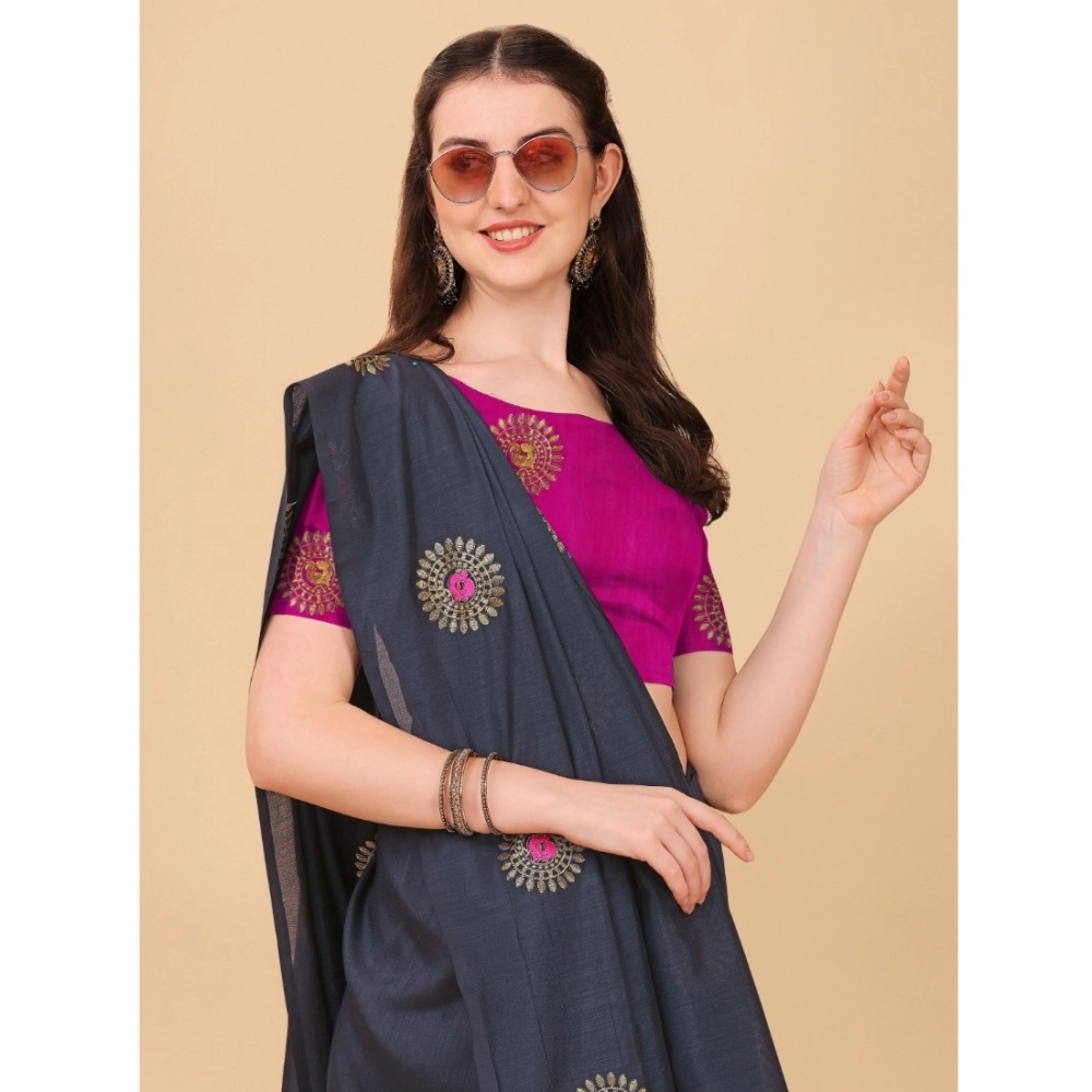 Generic Women's Silk Blend Embroidered Saree With Unstitched Blouse 5.5Mtr (Black) - Image 4