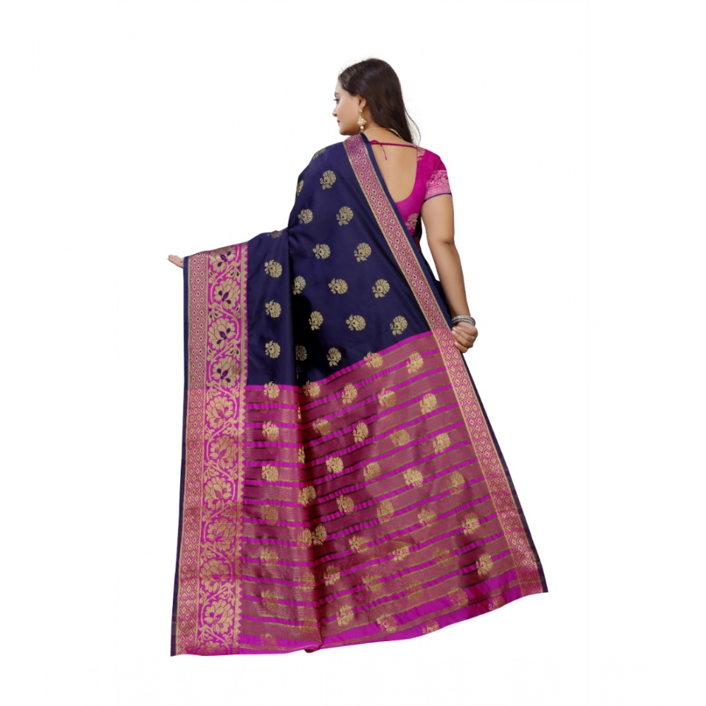 Generic Women's Silk Blend Woven Saree With Unstitched Blouse 5.5Mtr (Dark Blue-Pink) - Image 4