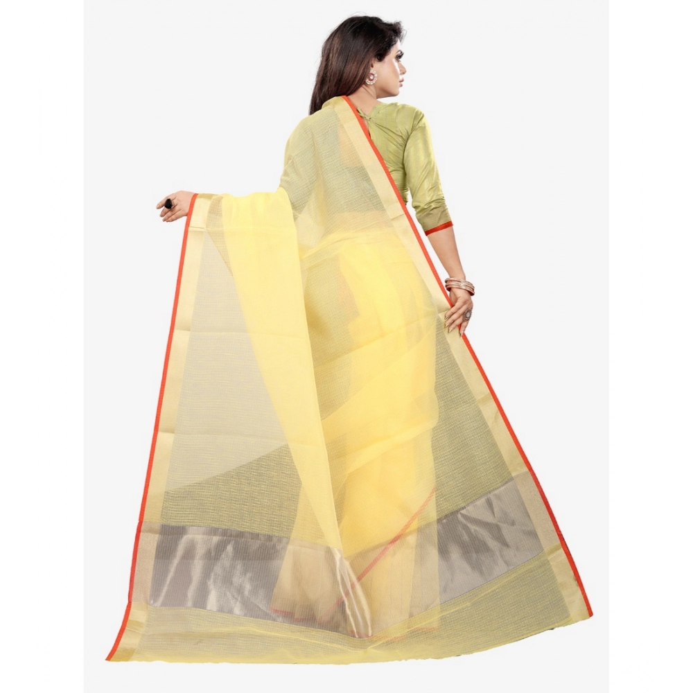 Generic Women's Silk Blend Striped Saree With Unstitched Blouse 5.5Mtr (Yellow) - Image 4