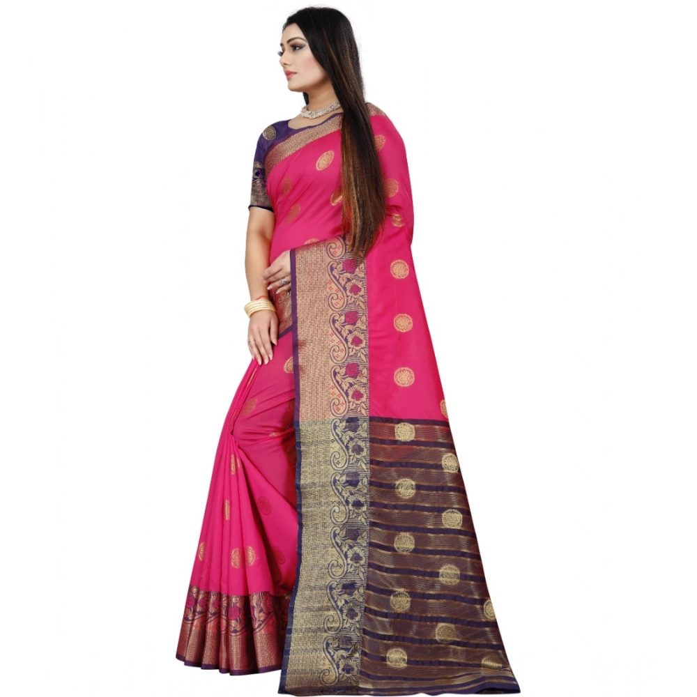 Generic Women's Silk Blend Woven Saree With Unstitched Blouse 5.5Mtr (Blue-Pink) - Image 2