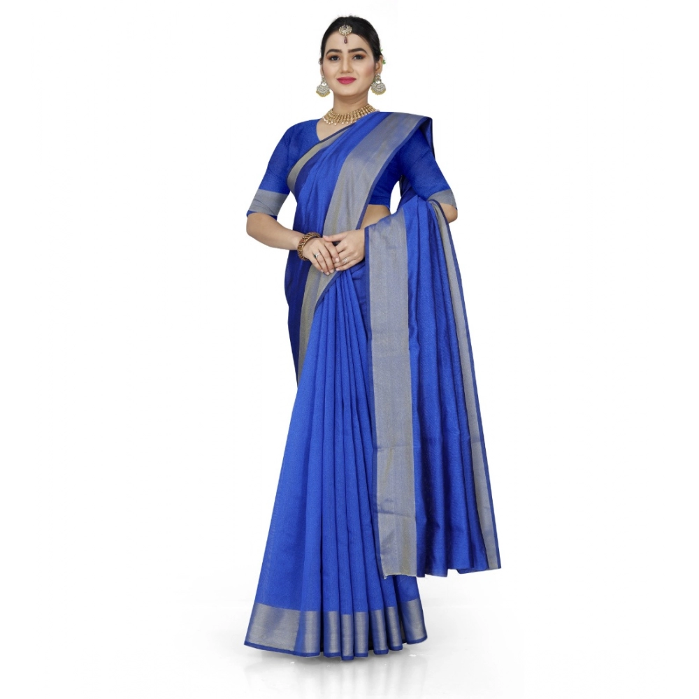 Generic Women's Cotton Silk Self Design Saree With Unstitched Blouse 5.5Mtr (Blue) - Image 2